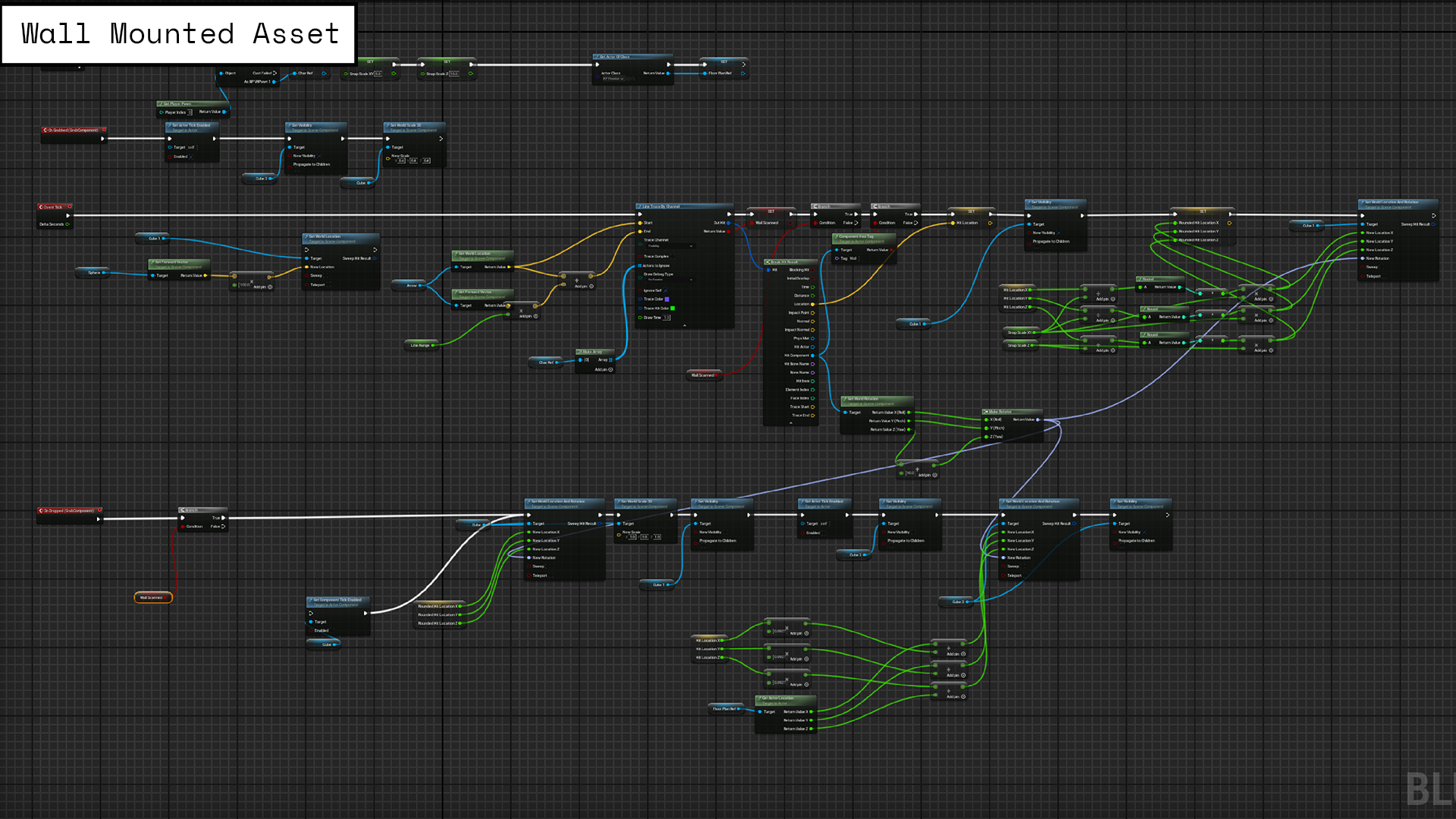 Wall-mounted assets: line trace placement with tick gated by grab state