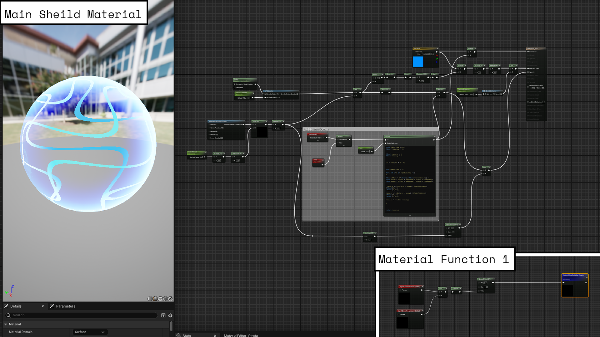 Shield material: HLSL custom node, dissolve function and radial fill